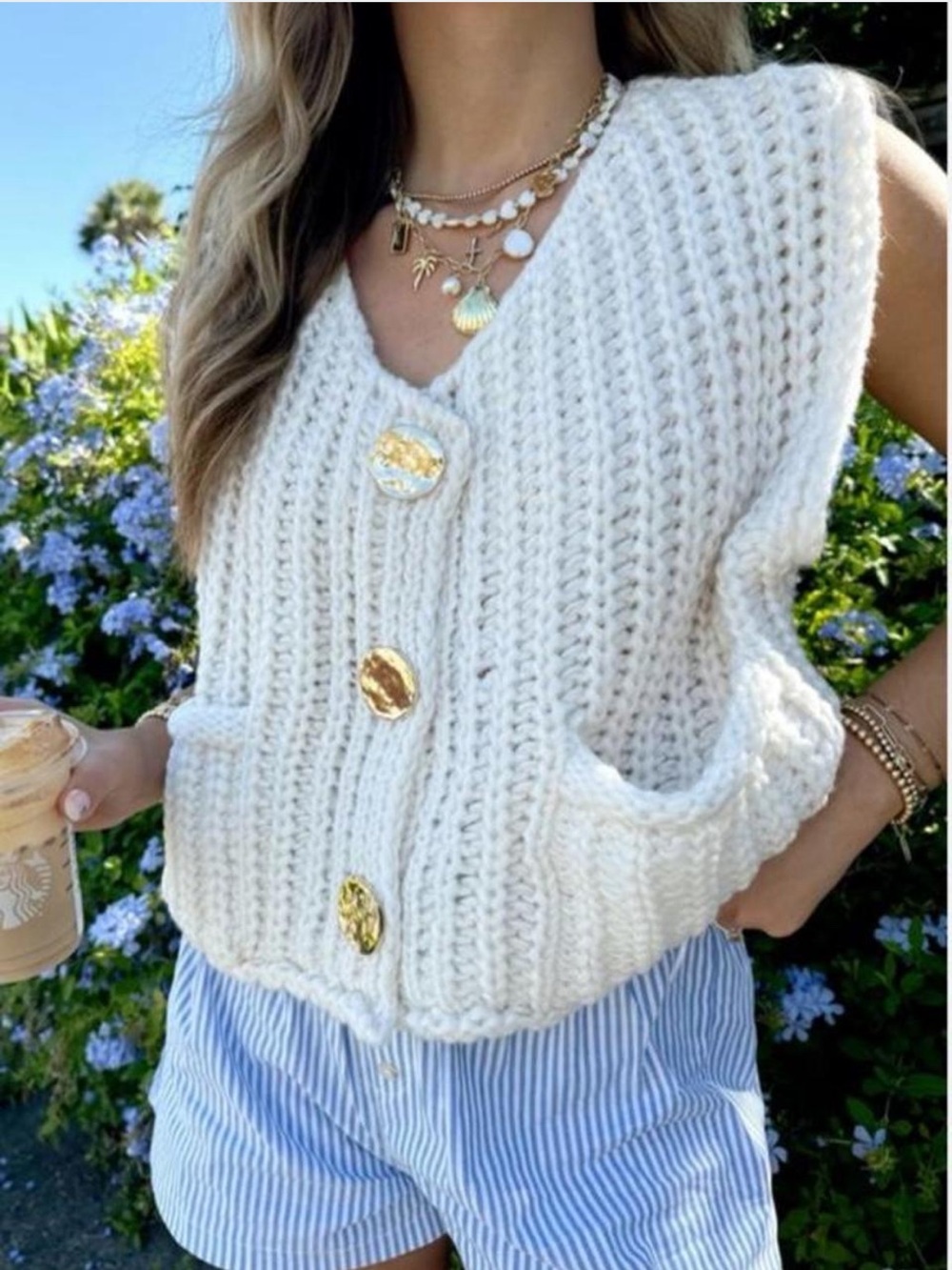 Women's Chunky Knit Button Vest Sweater - Cream Oversized Gold Toned Buttons M